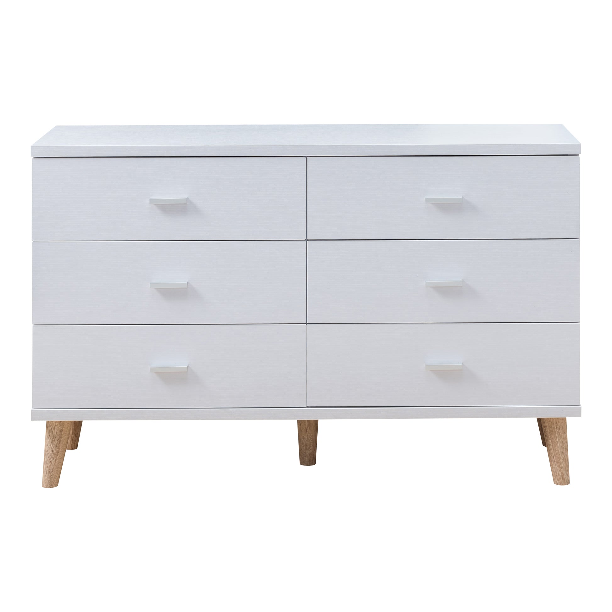 Front-facing mid-century modern white six-drawer dresser on a white background