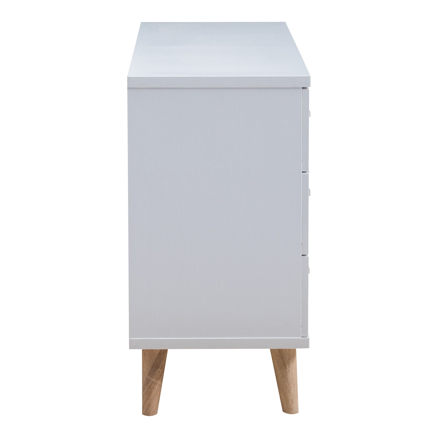 Front-facing side view of a mid-century modern white six-drawer dresser on a white background