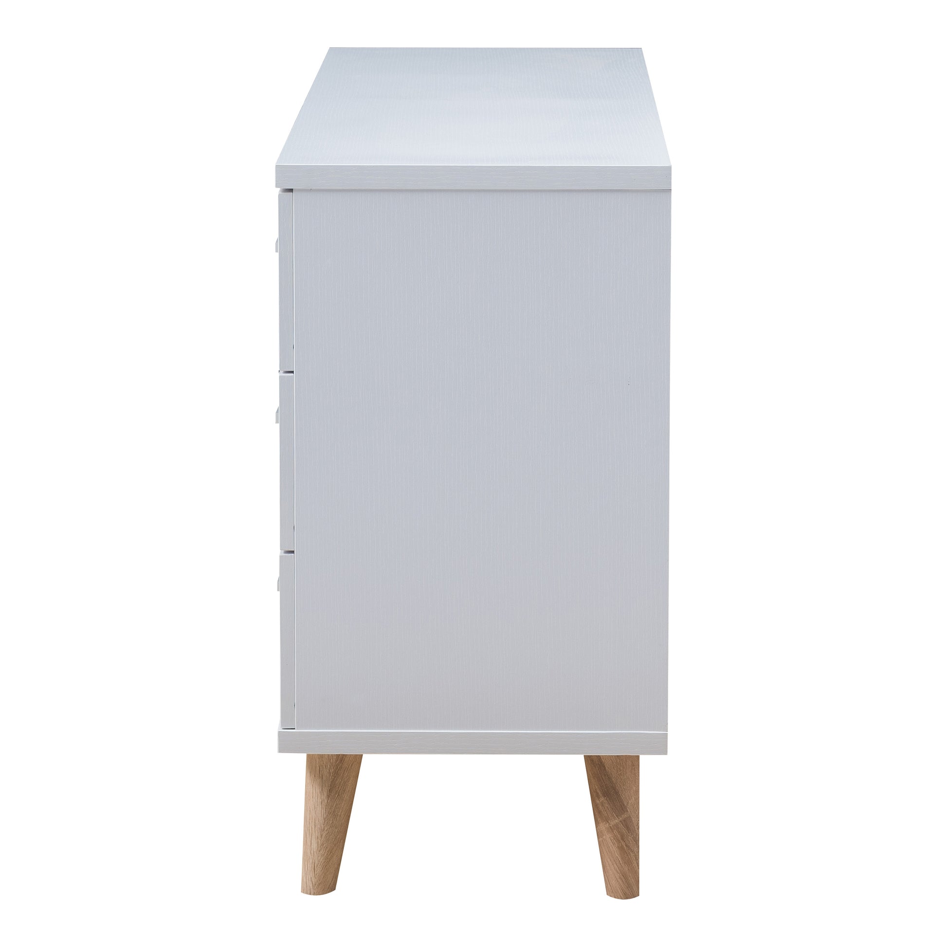 Front-facing side view of a mid-century modern white six-drawer dresser on a white background