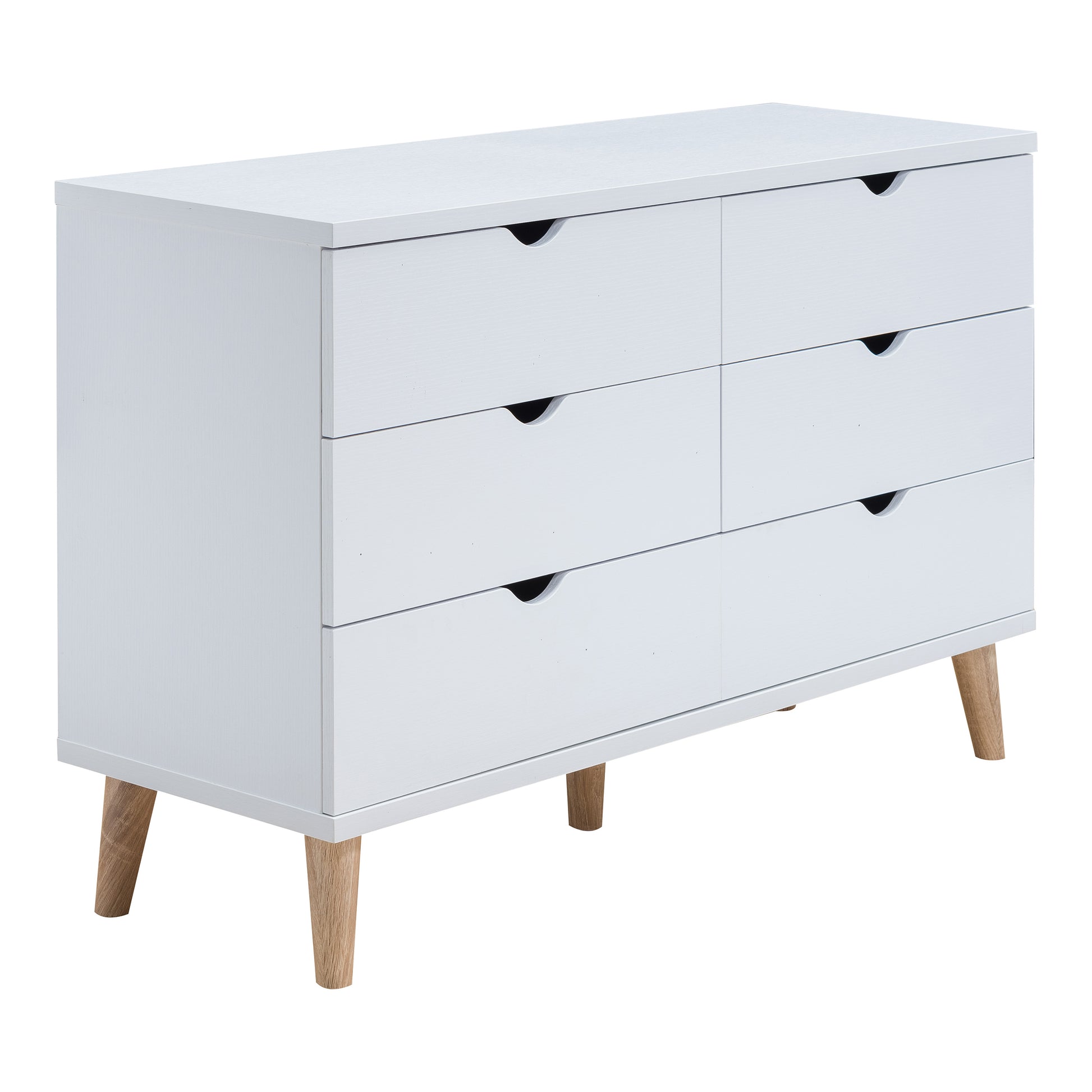 Right angled mid-century modern white six-drawer dresser on a white background