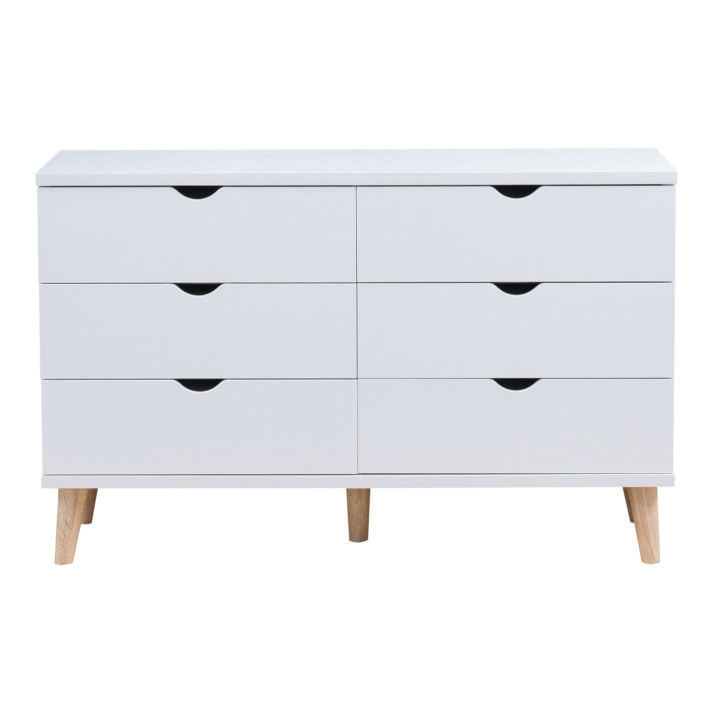 Front-facing mid-century modern white six-drawer dresser on a white background