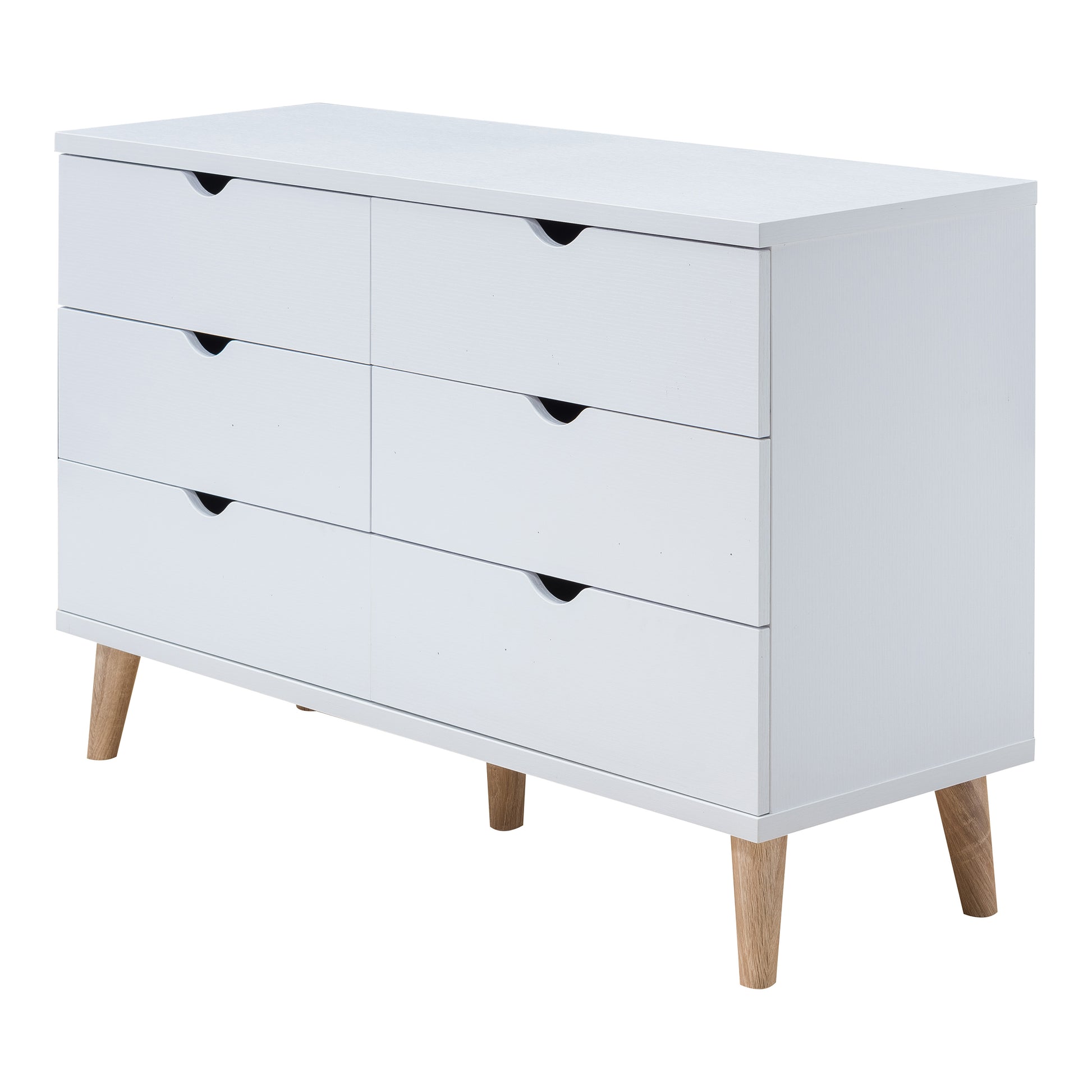 Left angled mid-century modern white six-drawer dresser on a white background