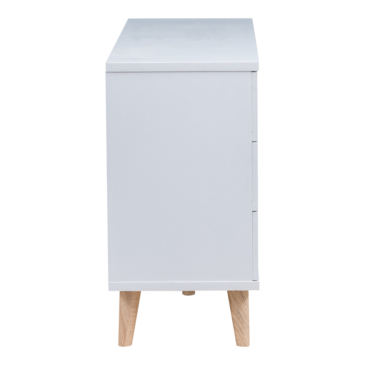 Front-facing side view of a mid-century modern white six-drawer dresser on a white background