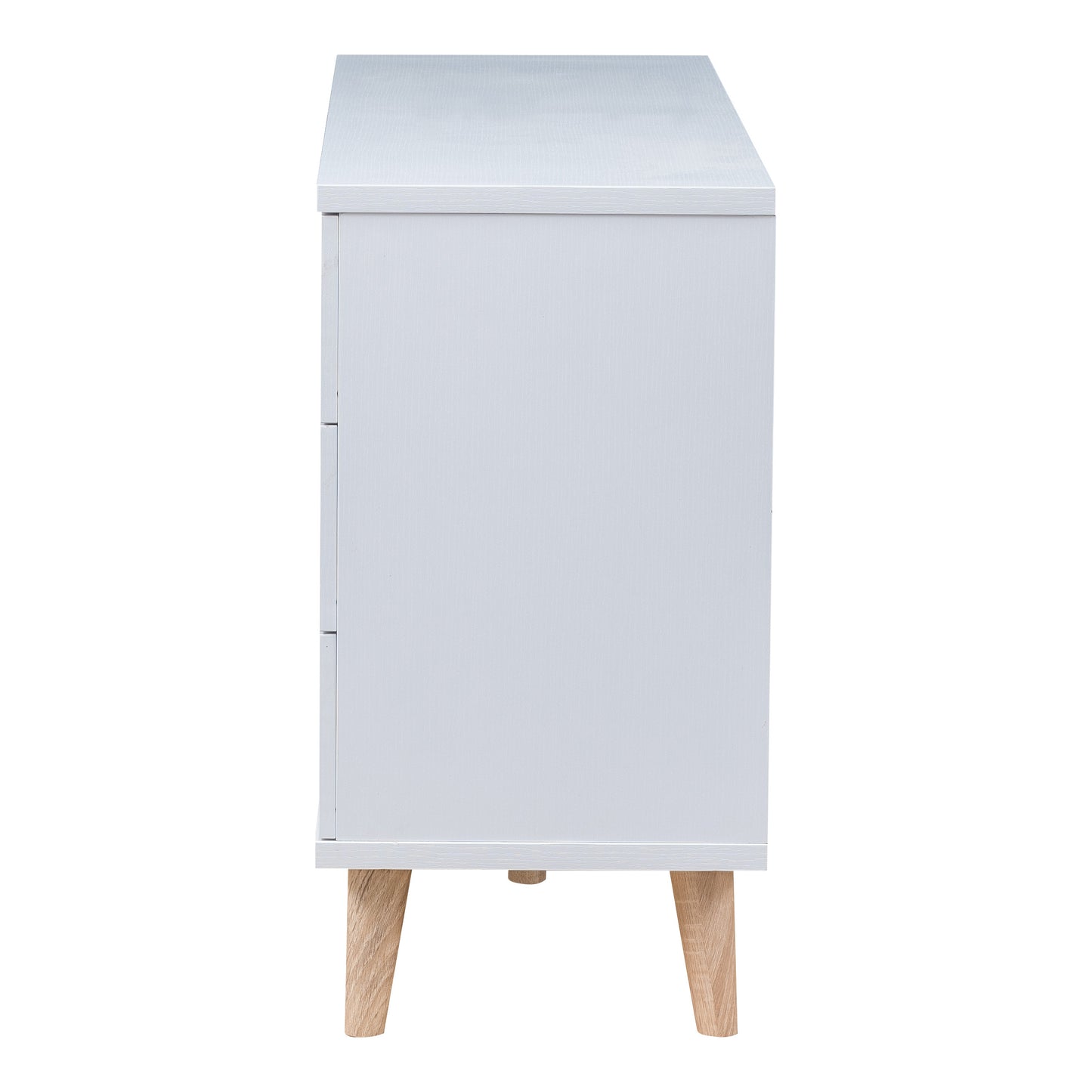 Front-facing side view of a mid-century modern white six-drawer dresser on a white background