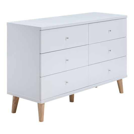 Right angled mid-century modern white six-drawer dresser on a white background