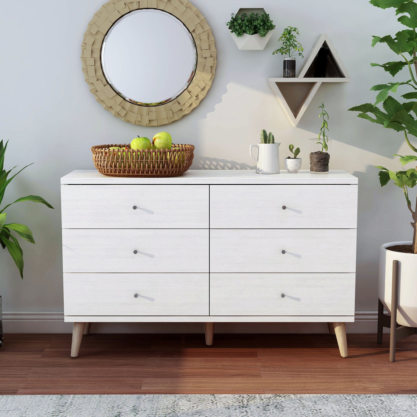 Front-facing mid-century modern white six-drawer dresser on a white background