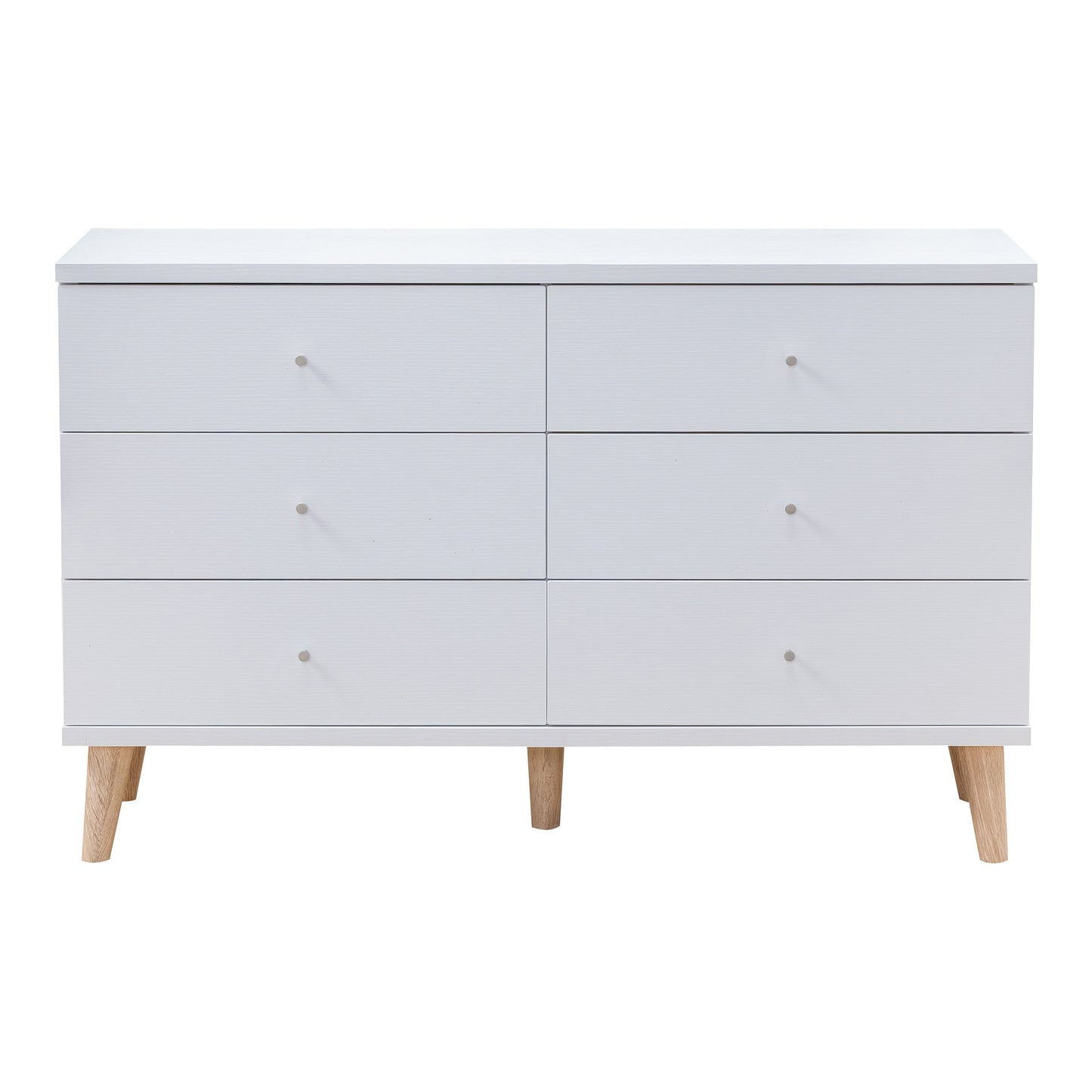 Front-facing mid-century modern white six-drawer dresser on a white background