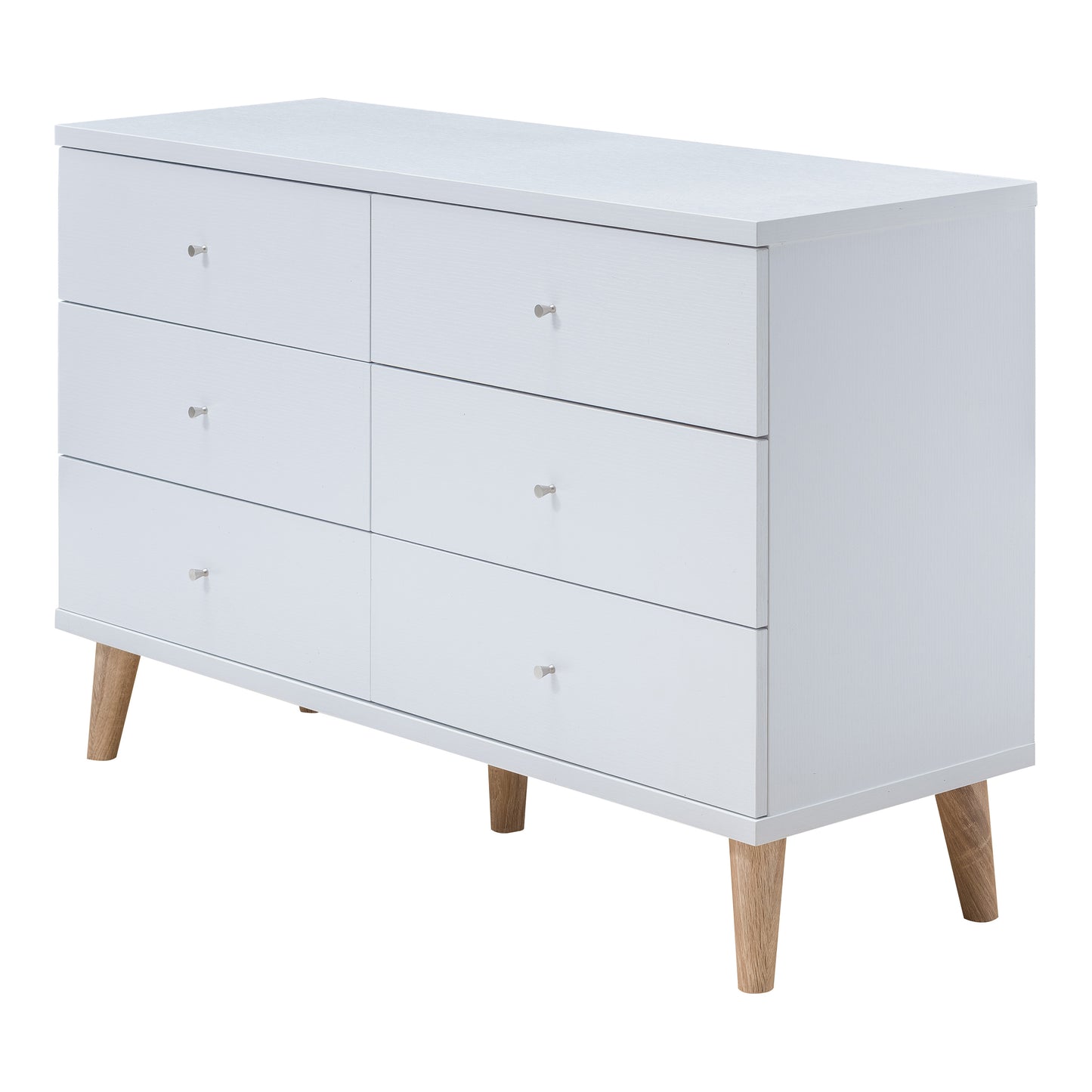 Left angled mid-century modern white six-drawer dresser on a white background