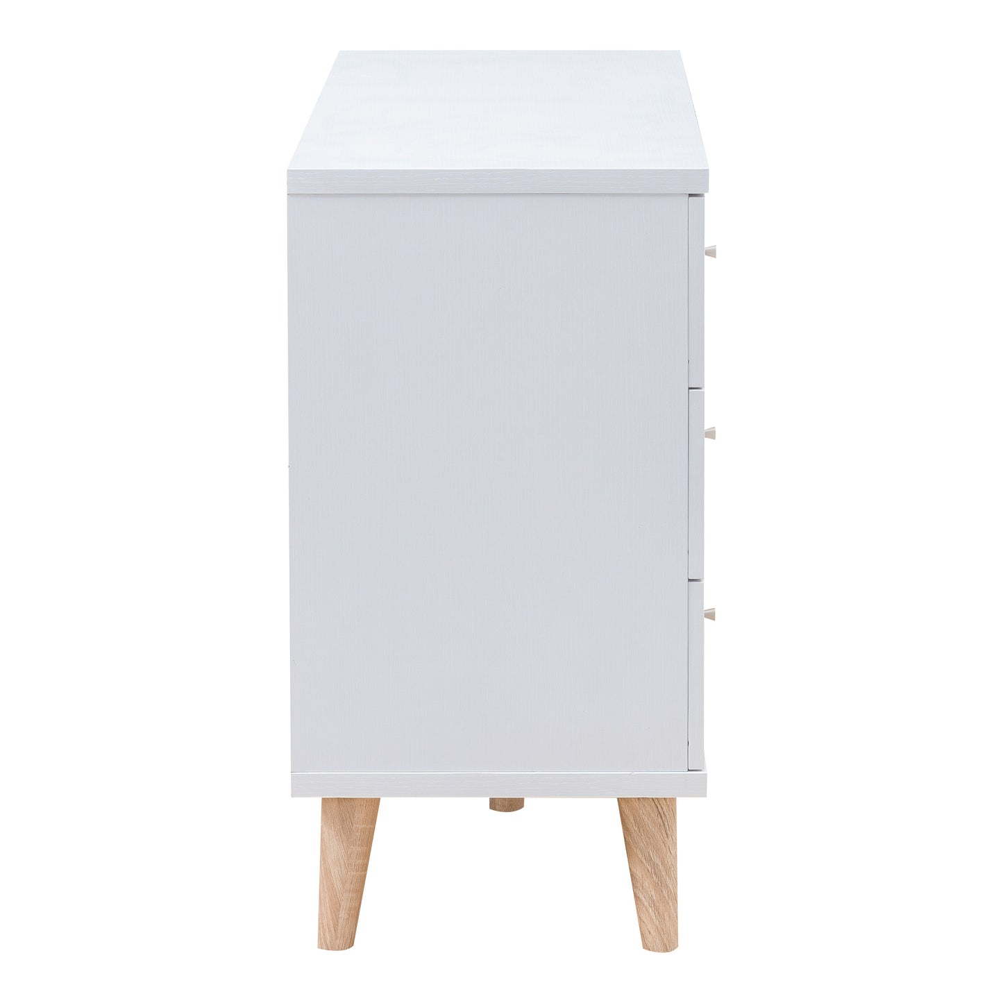 Front-facing side view of a mid-century modern white six-drawer dresser on a white background