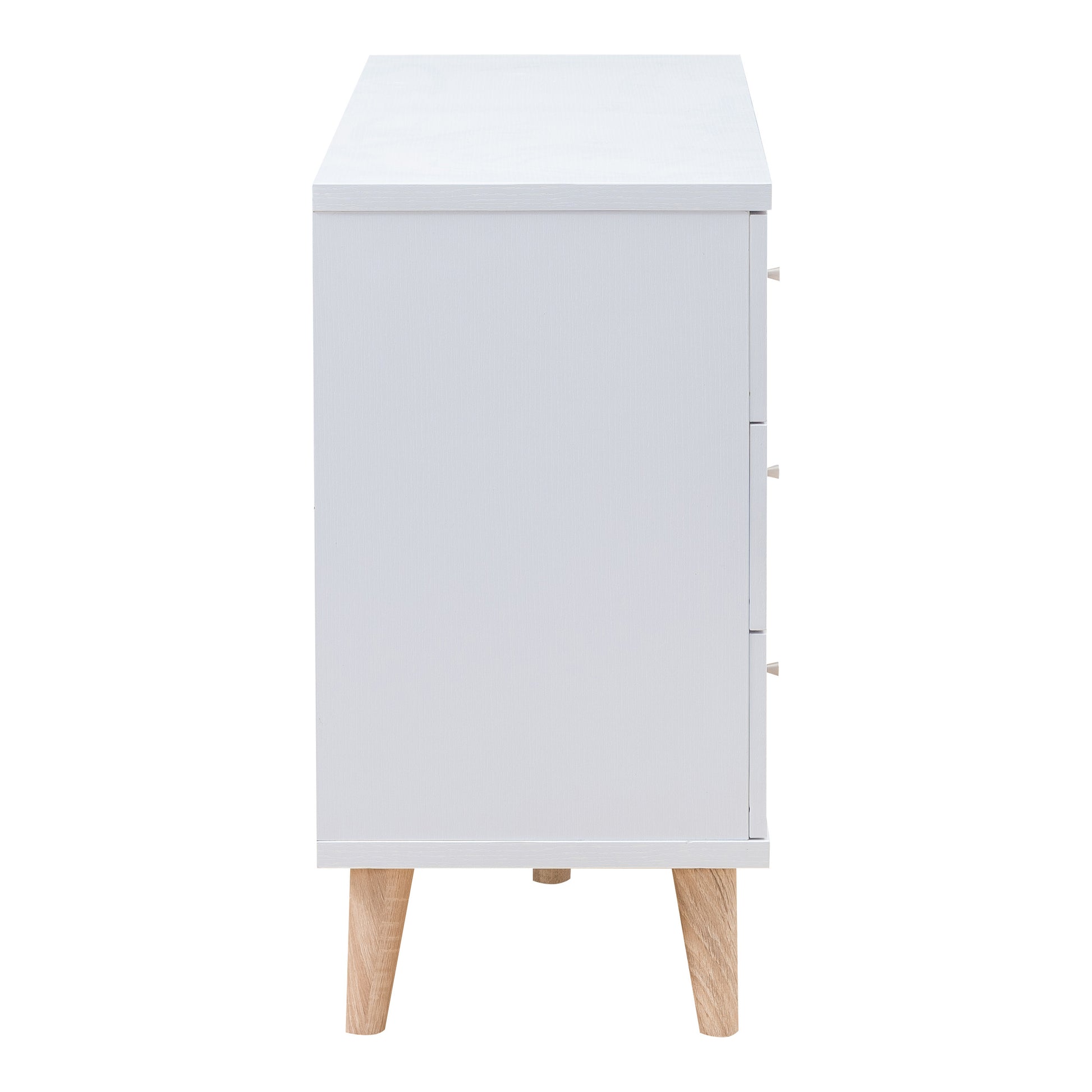 Front-facing side view of a mid-century modern white six-drawer dresser on a white background