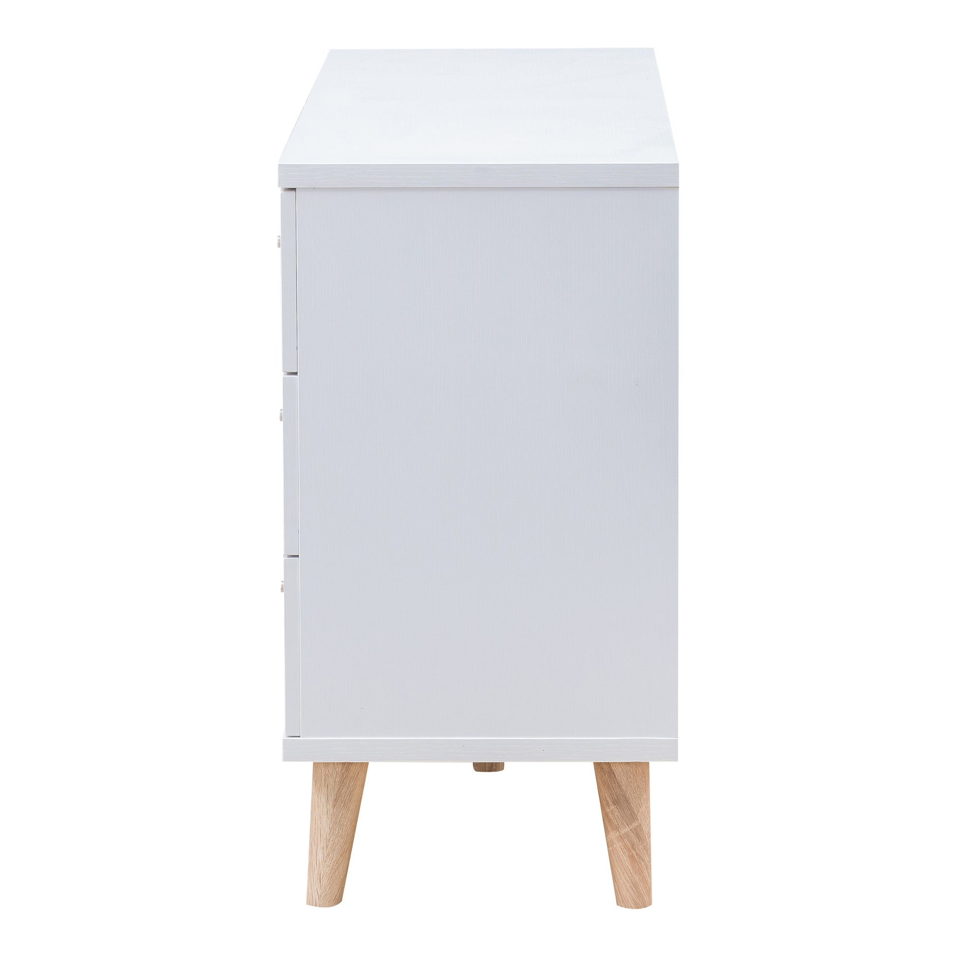 Front-facing side view of a mid-century modern white six-drawer dresser on a white background