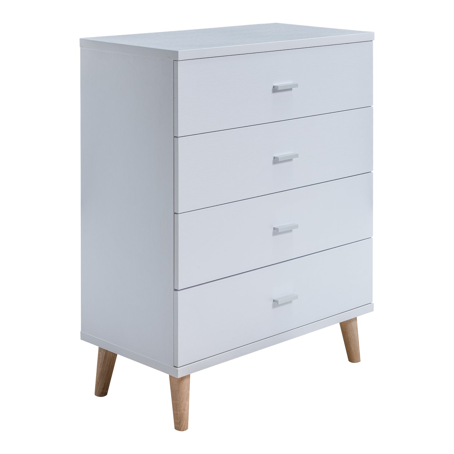 Right angled mid-century modern white four-drawer chest dresser on a white background