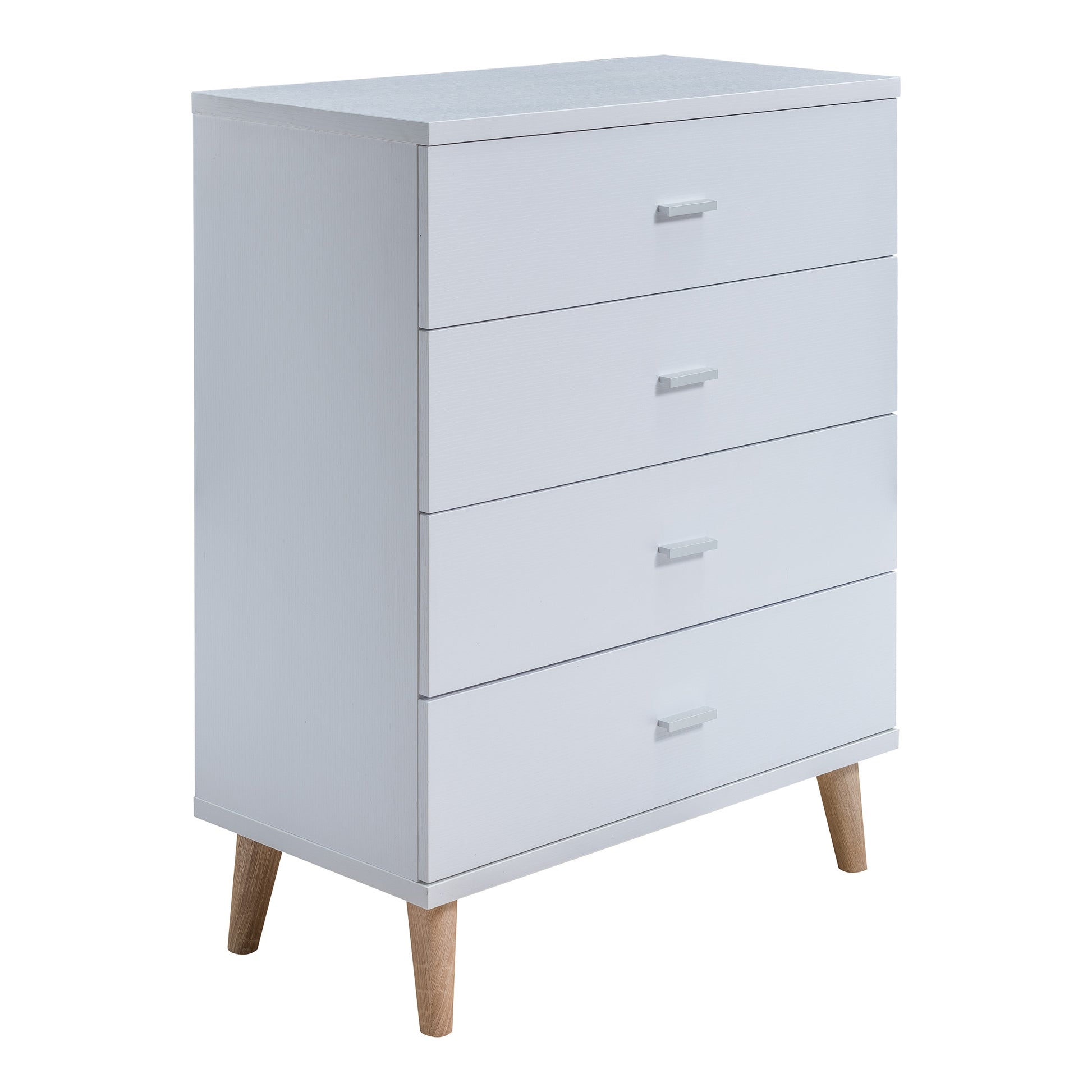 Right angled mid-century modern white four-drawer chest dresser on a white background