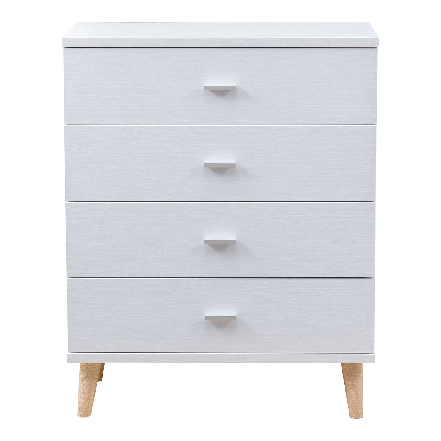 Front-facing mid-century modern white four-drawer chest dresser on a white background