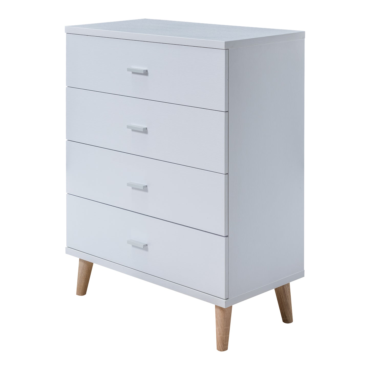 Left angled mid-century modern white four-drawer chest dresser on a white background