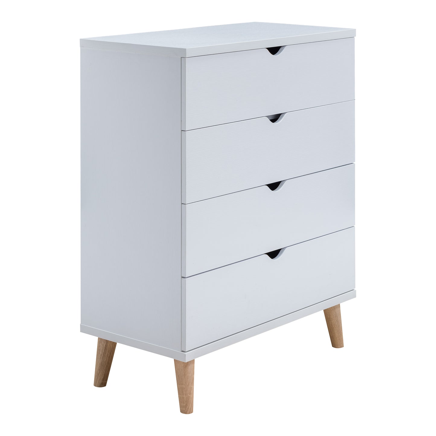 Right angled mid-century modern white four-drawer chest dresser on a white background