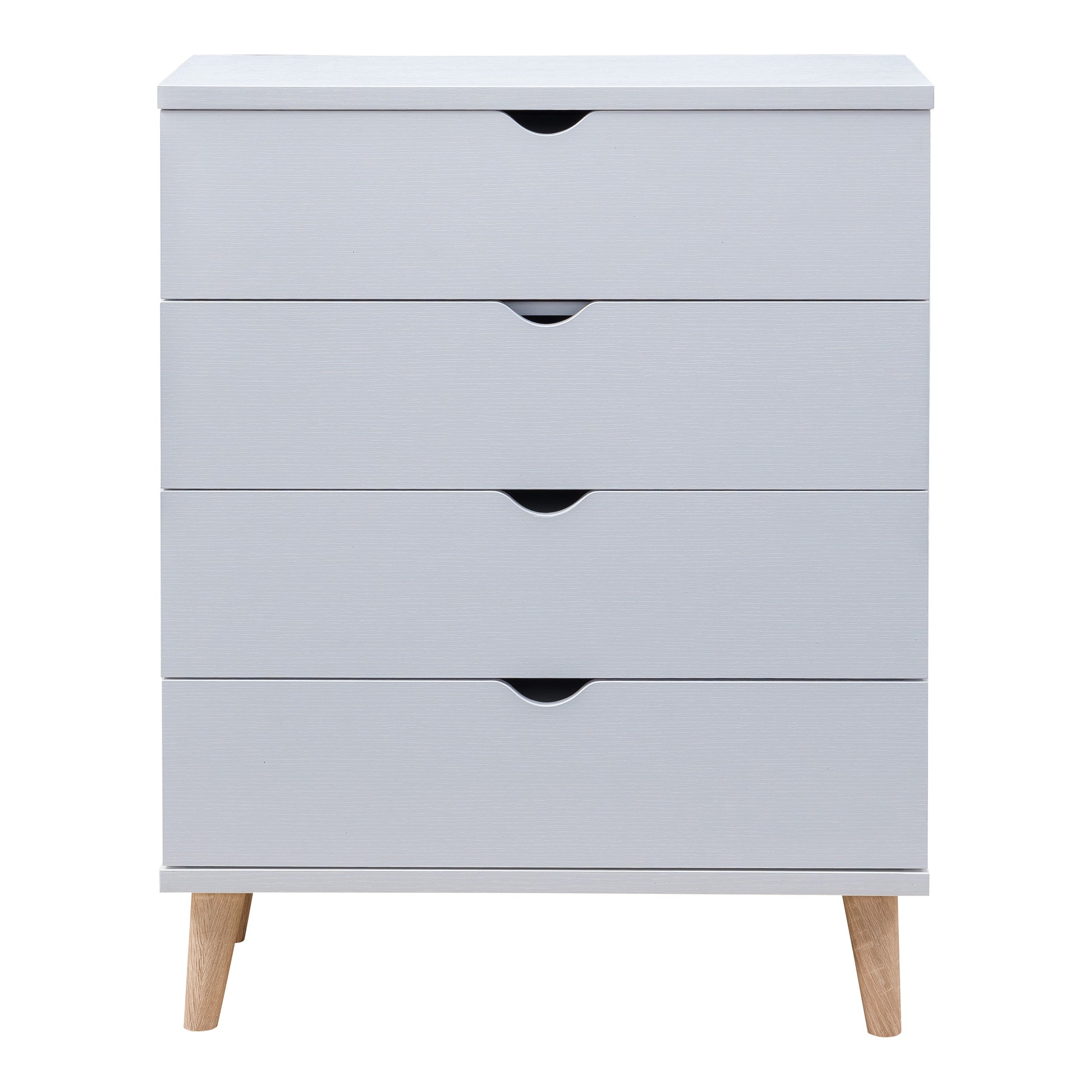 Front-facing mid-century modern white four-drawer chest dresser on a white background