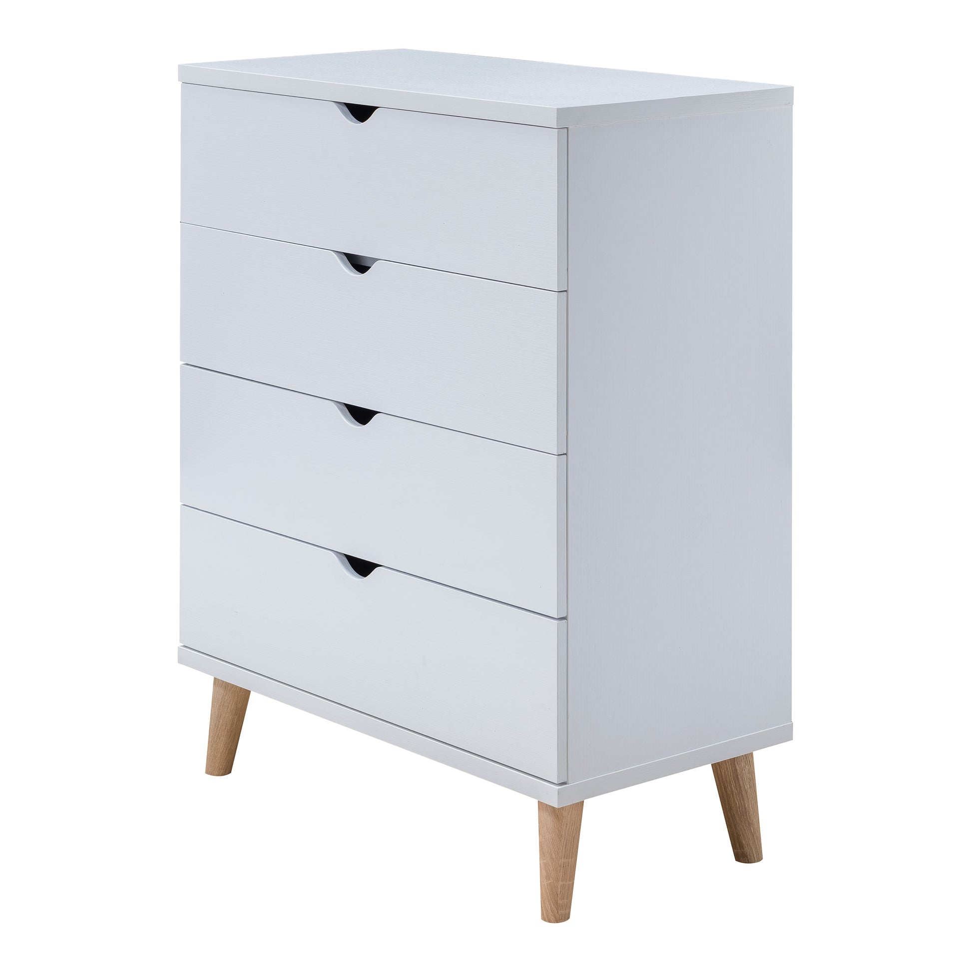 Left angled mid-century modern white four-drawer chest dresser on a white background