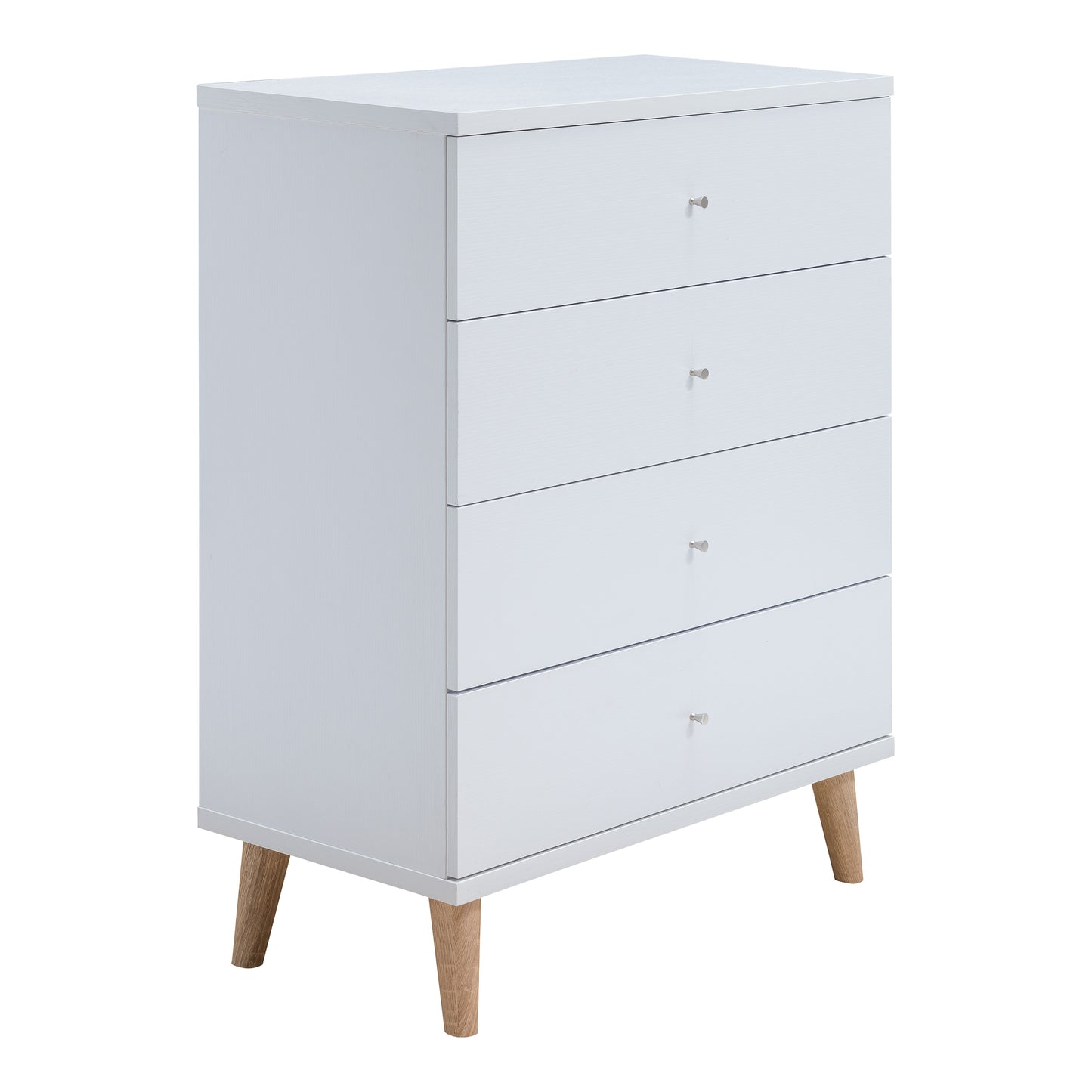 Right angled mid-century modern white four-drawer chest dresser on a white background