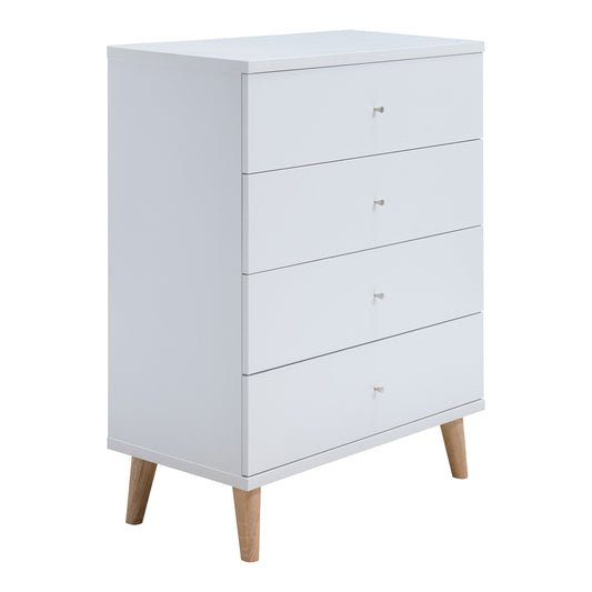 Right angled mid-century modern white four-drawer chest dresser on a white background