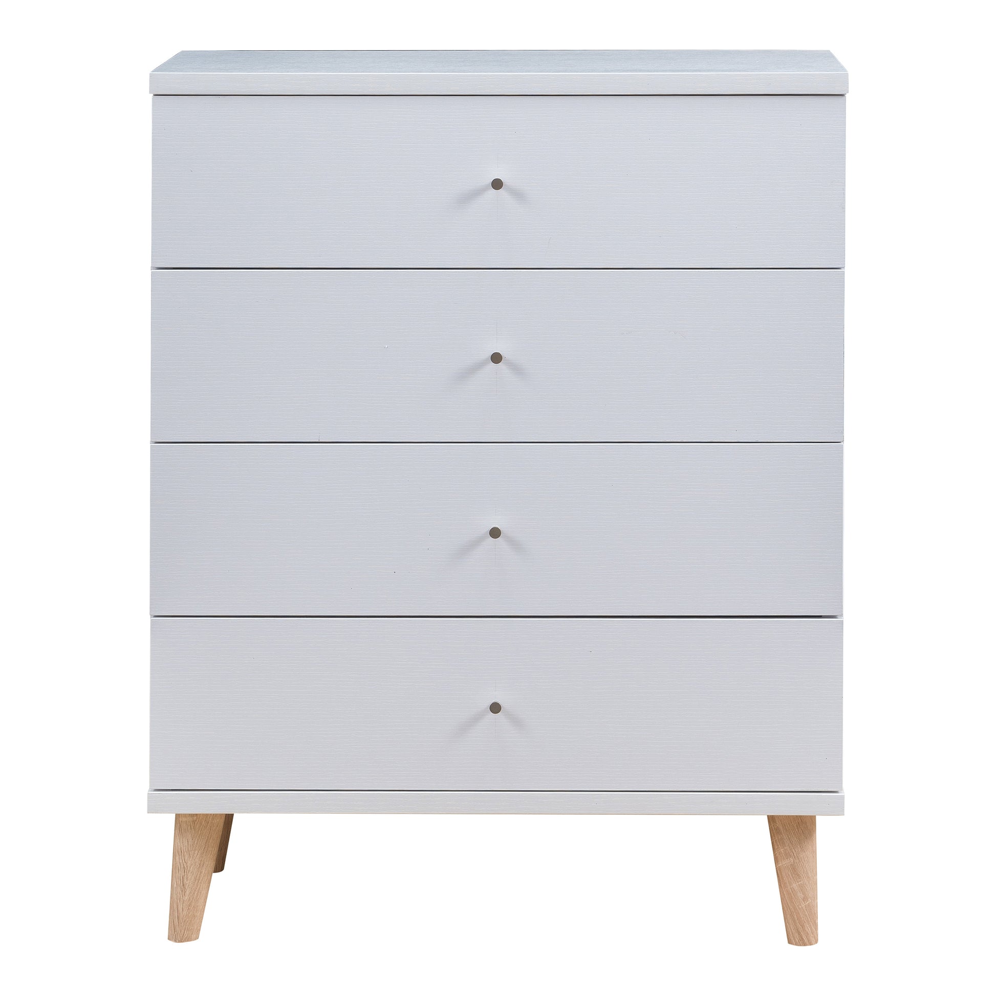 Front-facing mid-century modern white four-drawer chest dresser on a white background