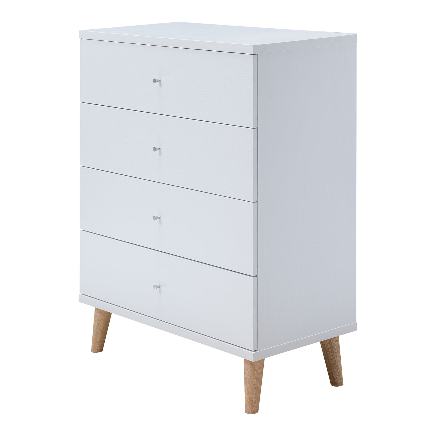 Left angled mid-century modern white four-drawer chest dresser on a white background