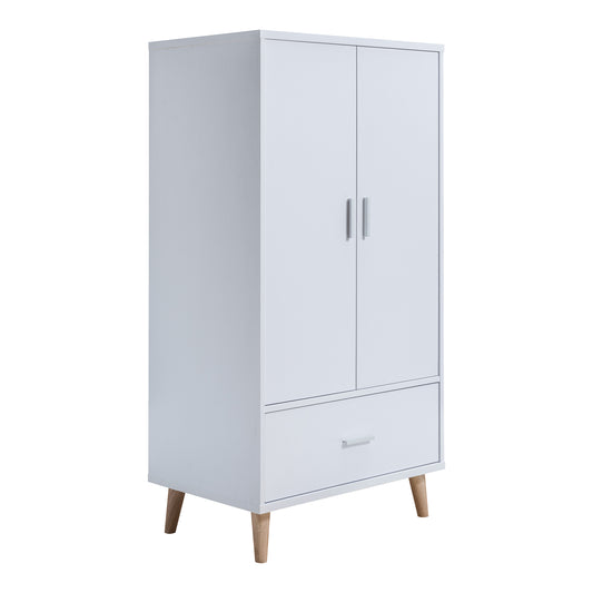 Right angled mid-century modern white two-door one-drawer wardrobe armoire on a white background