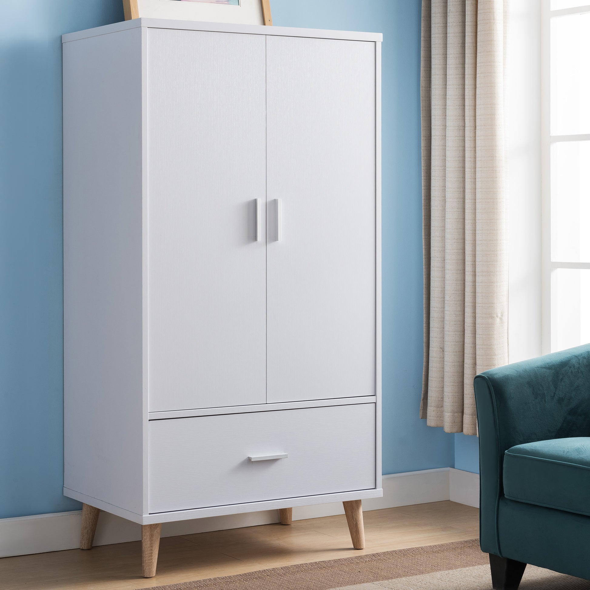 Right angled mid-century modern white two-door one-drawer wardrobe armoire in a bedroom with accessories