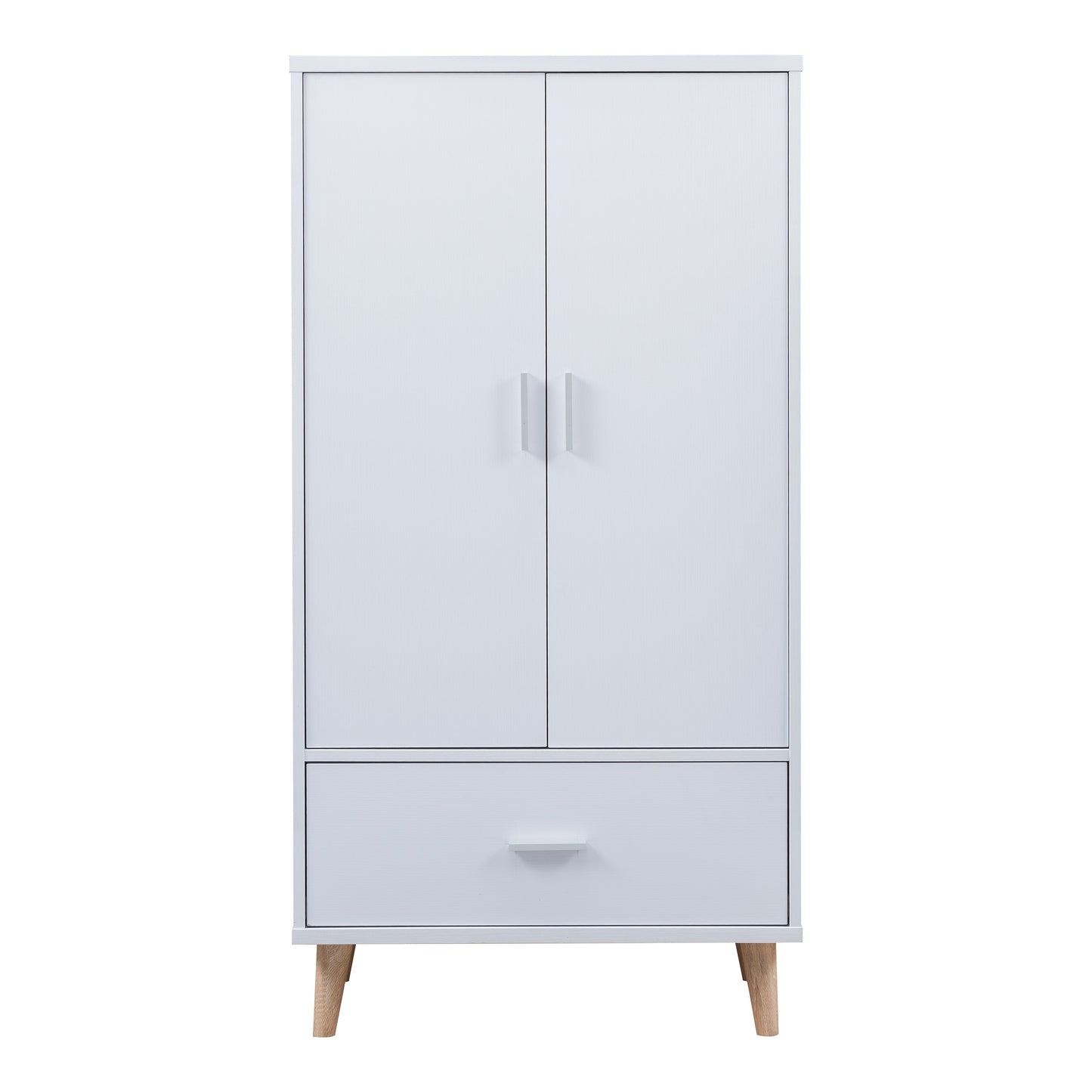 Front-facing mid-century modern white two-door one-drawer wardrobe armoire on a white background