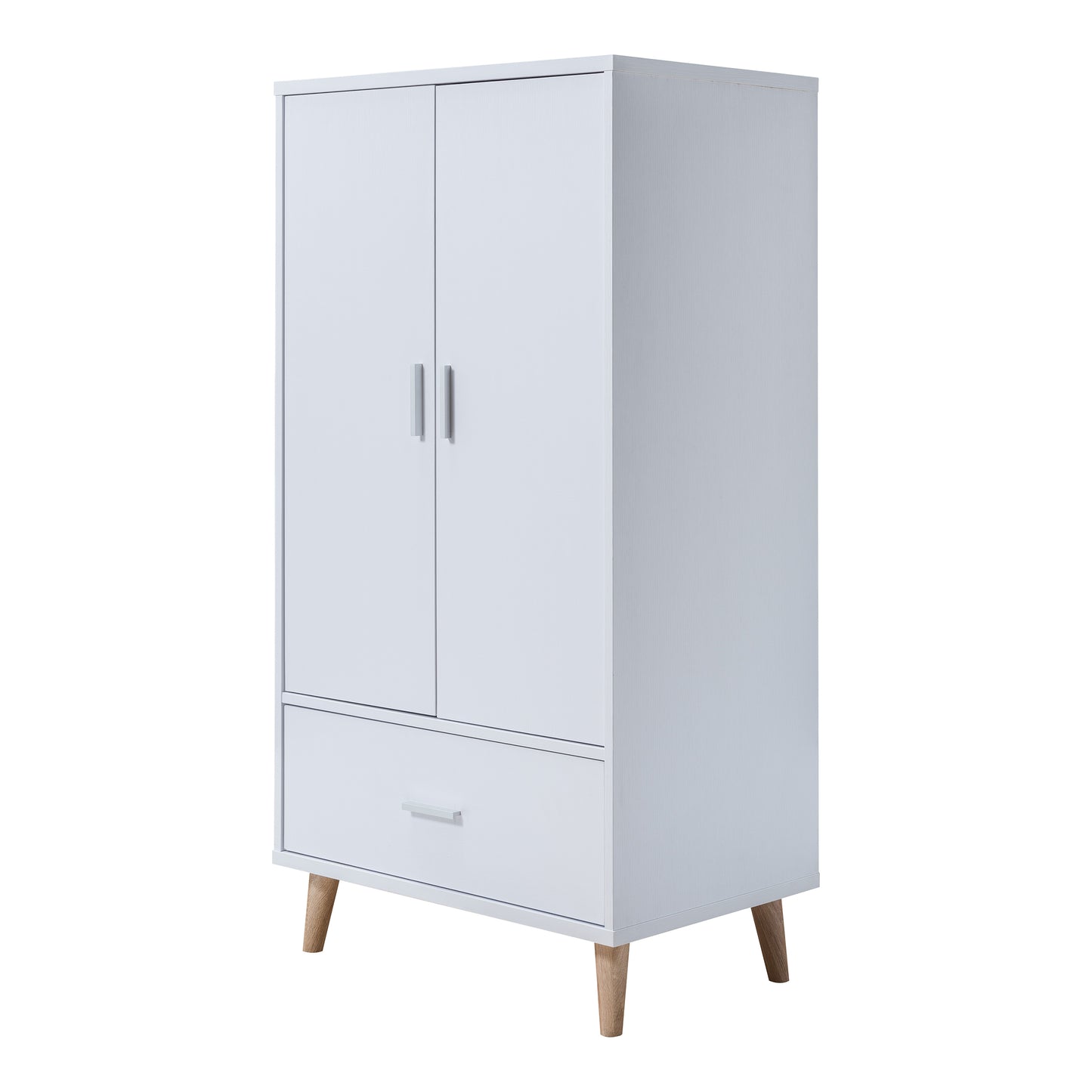 Left angled mid-century modern white two-door one-drawer wardrobe armoire on a white background