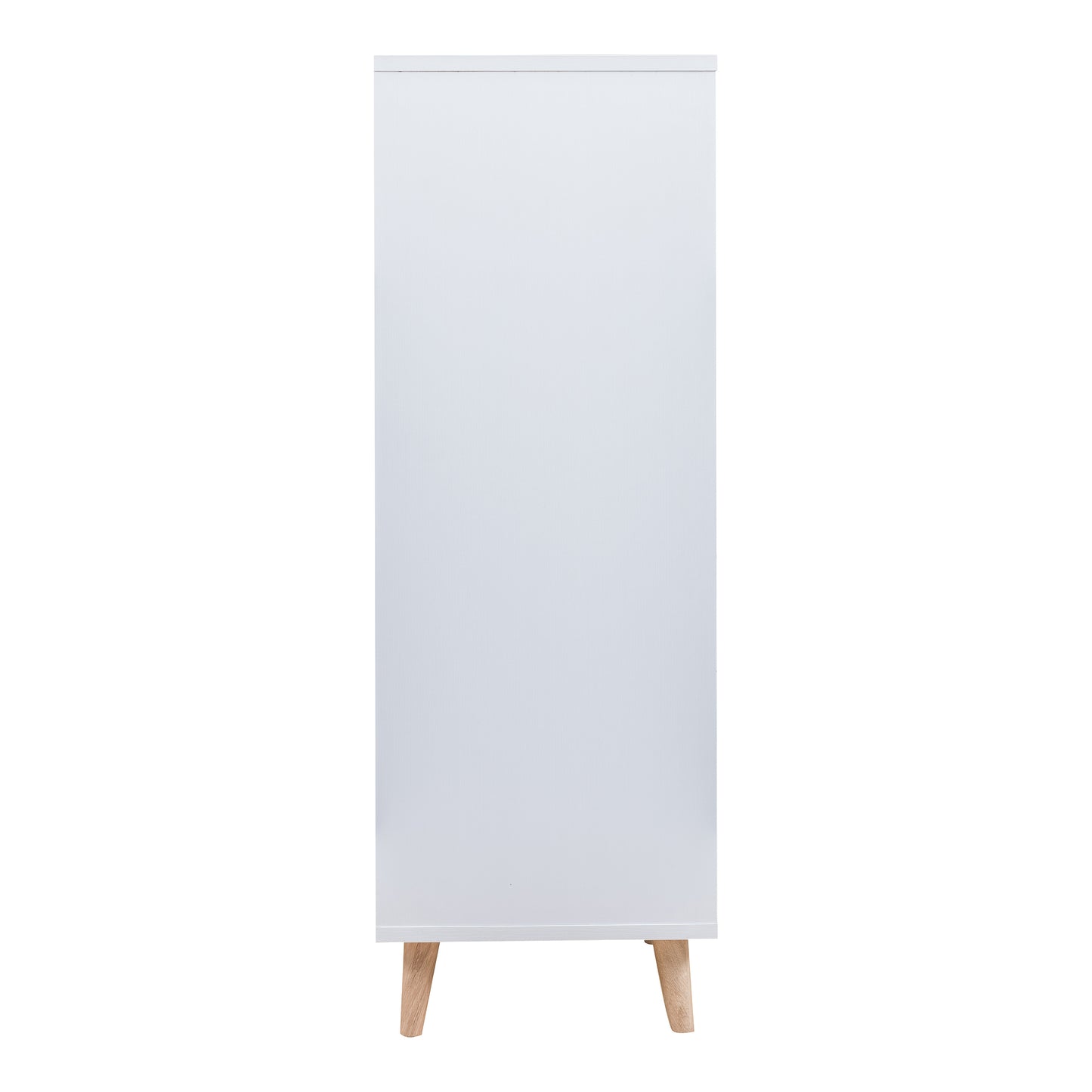 Front-facing side view of a mid-century modern white two-door one-drawer wardrobe armoire on a white background