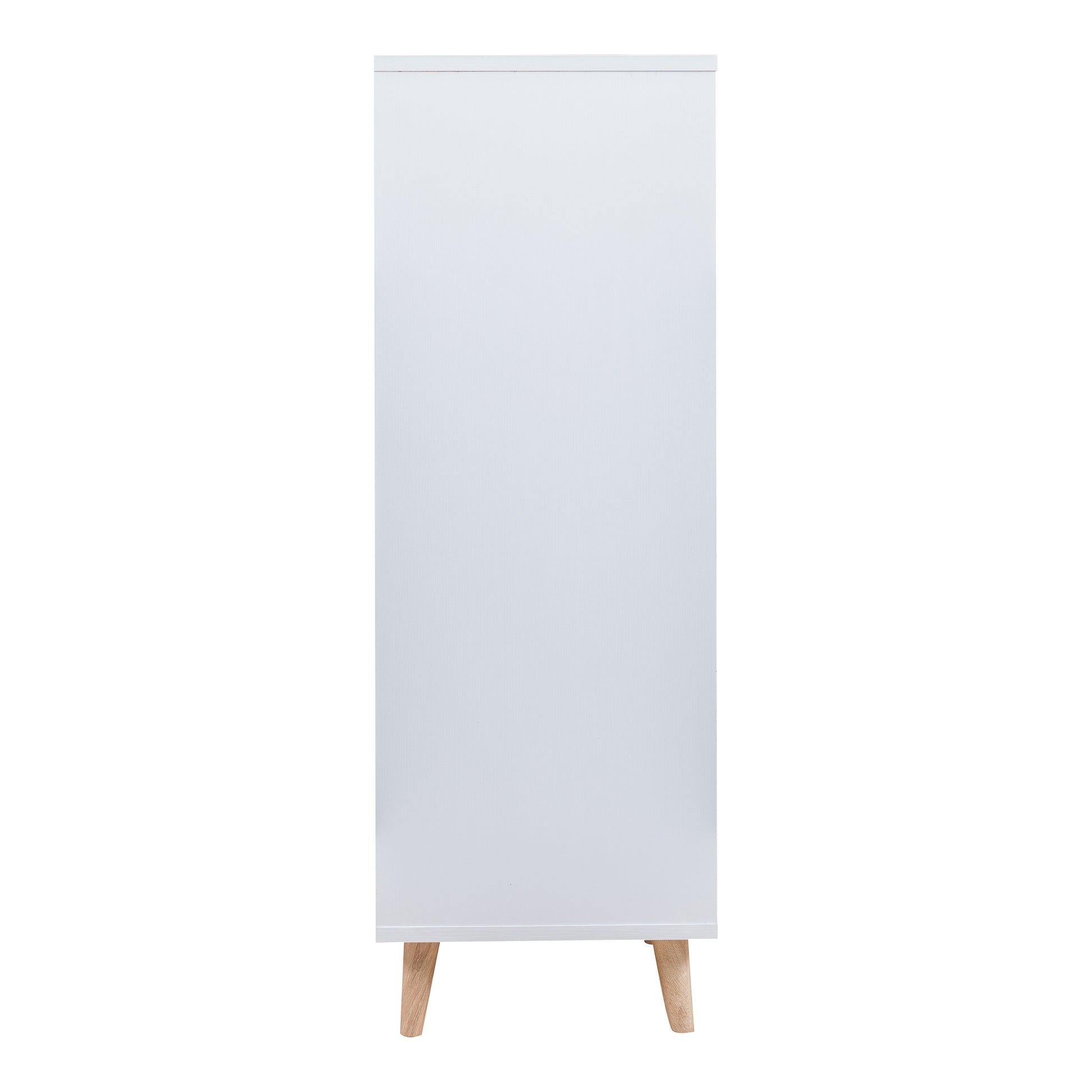 Front-facing side view of a mid-century modern white two-door one-drawer wardrobe armoire on a white background