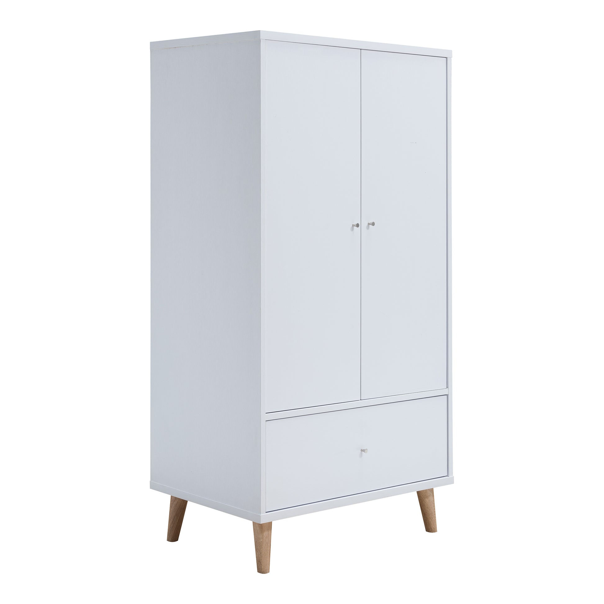 Right angled mid-century modern white two-door one-drawer wardrobe armoire on a white background