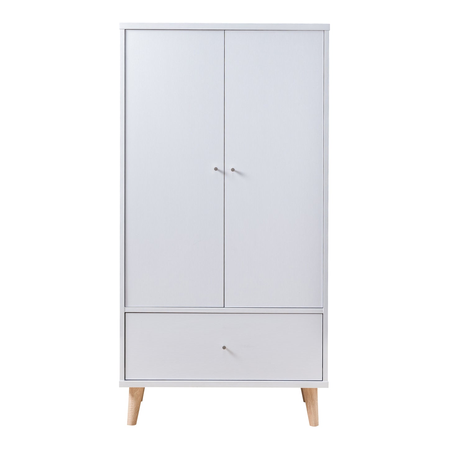 Front-facing mid-century modern white two-door one-drawer wardrobe armoire on a white background