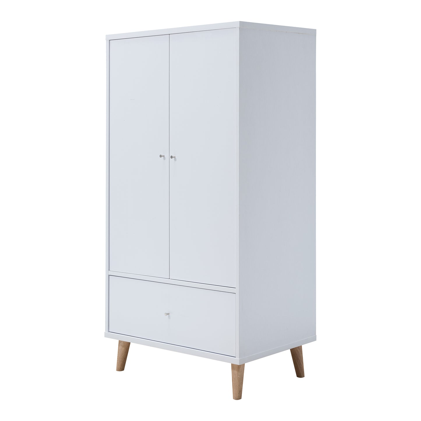 Left angled mid-century modern white two-door one-drawer wardrobe armoire on a white background