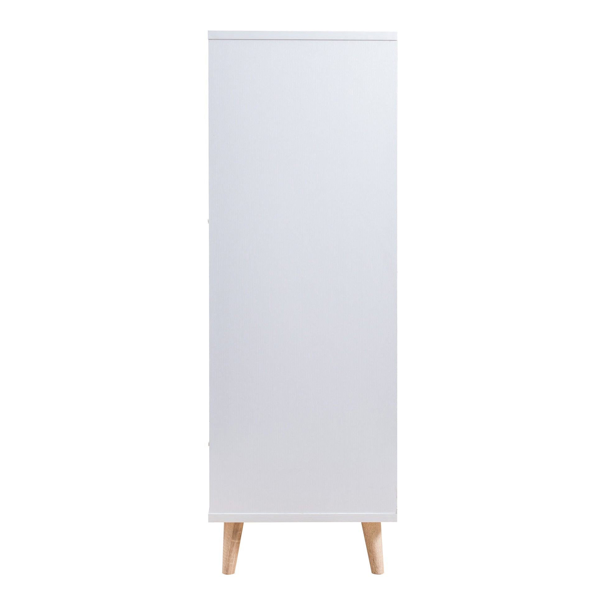 Front-facing side view of a mid-century modern white two-door one-drawer wardrobe armoire on a white background