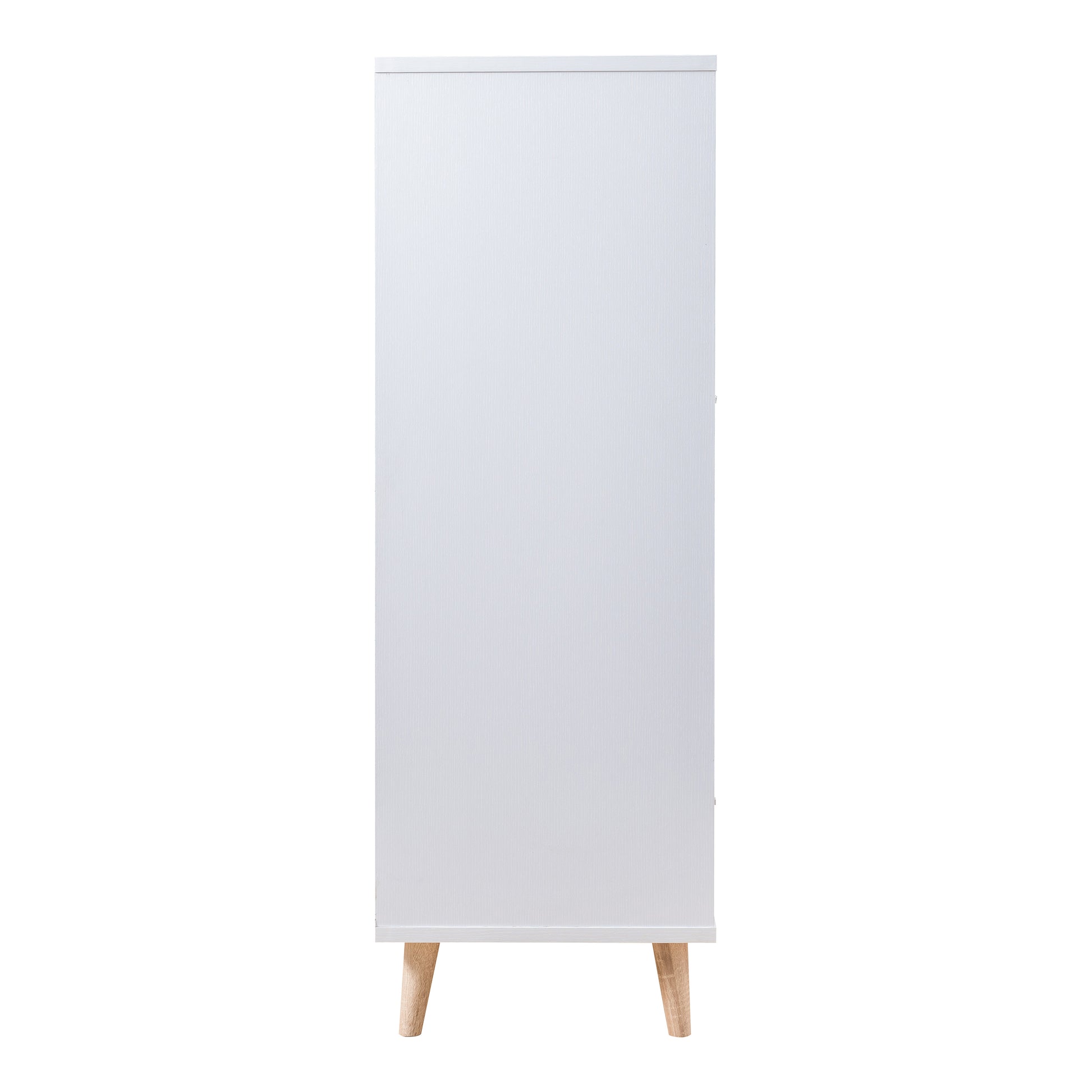 Front-facing side view of a mid-century modern white two-door one-drawer wardrobe armoire on a white background