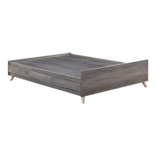 Right angled mid-century modern distressed gray platform storage bed with three drawers on a white background