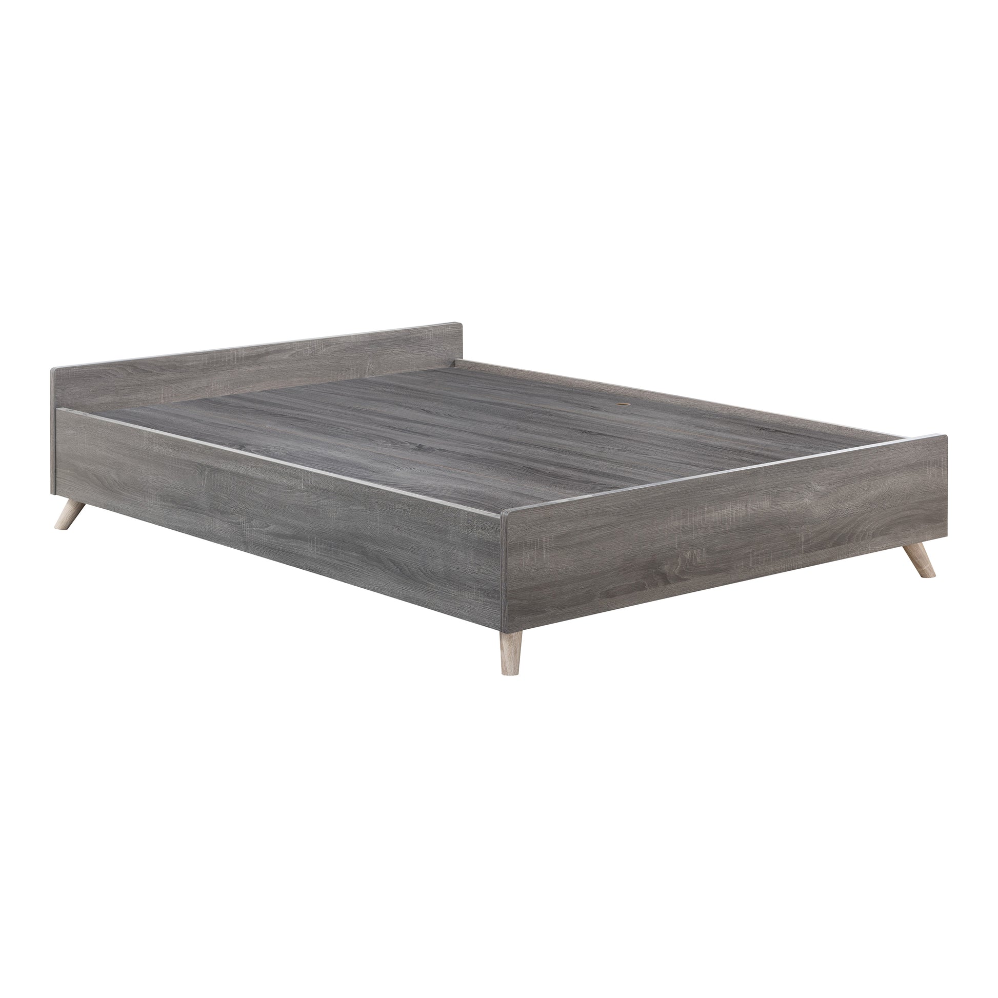 Right angled back/side view of a mid-century modern distressed gray platform storage bed with three drawers on a white background