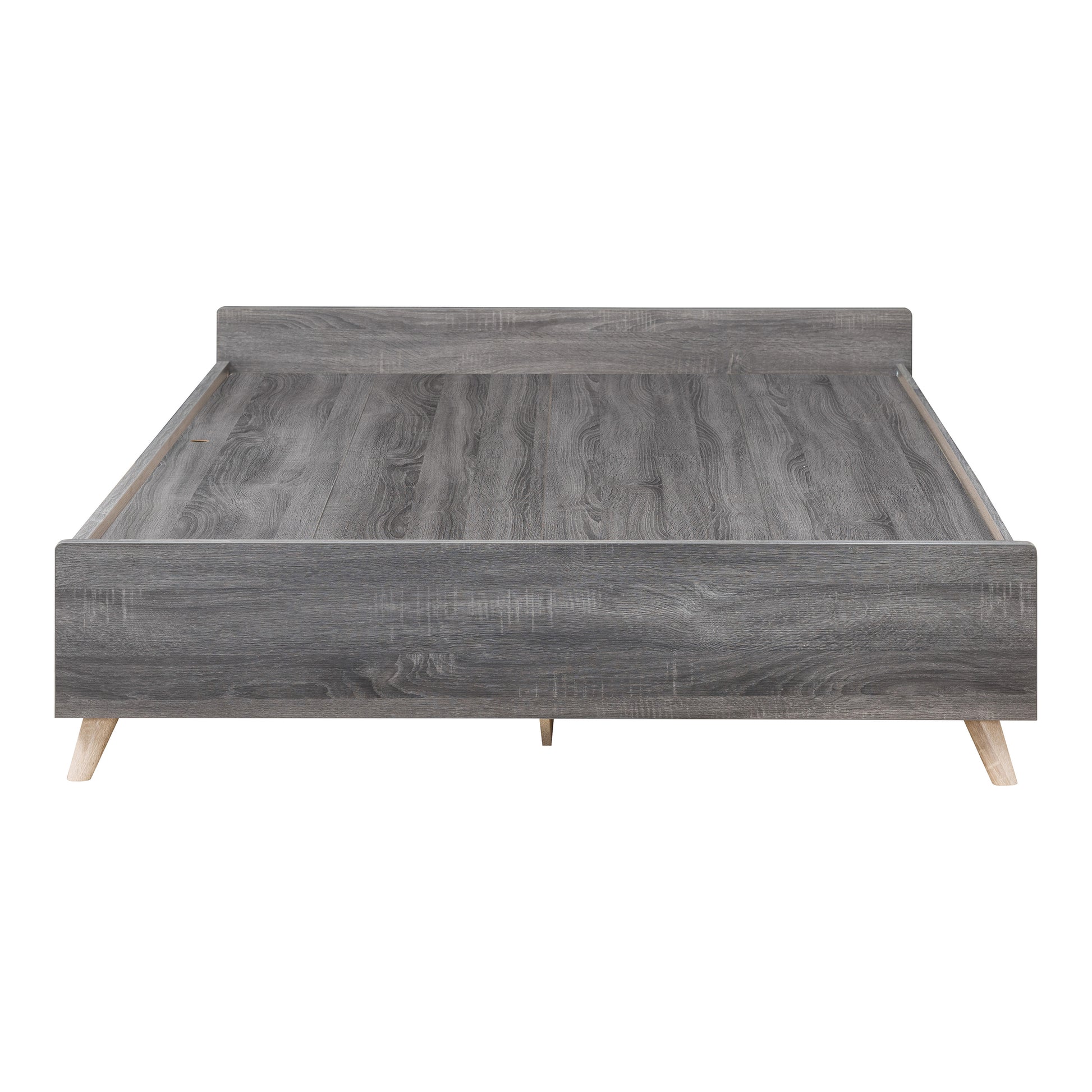 Front-facing mid-century modern distressed gray platform storage bed with three drawers on a white background