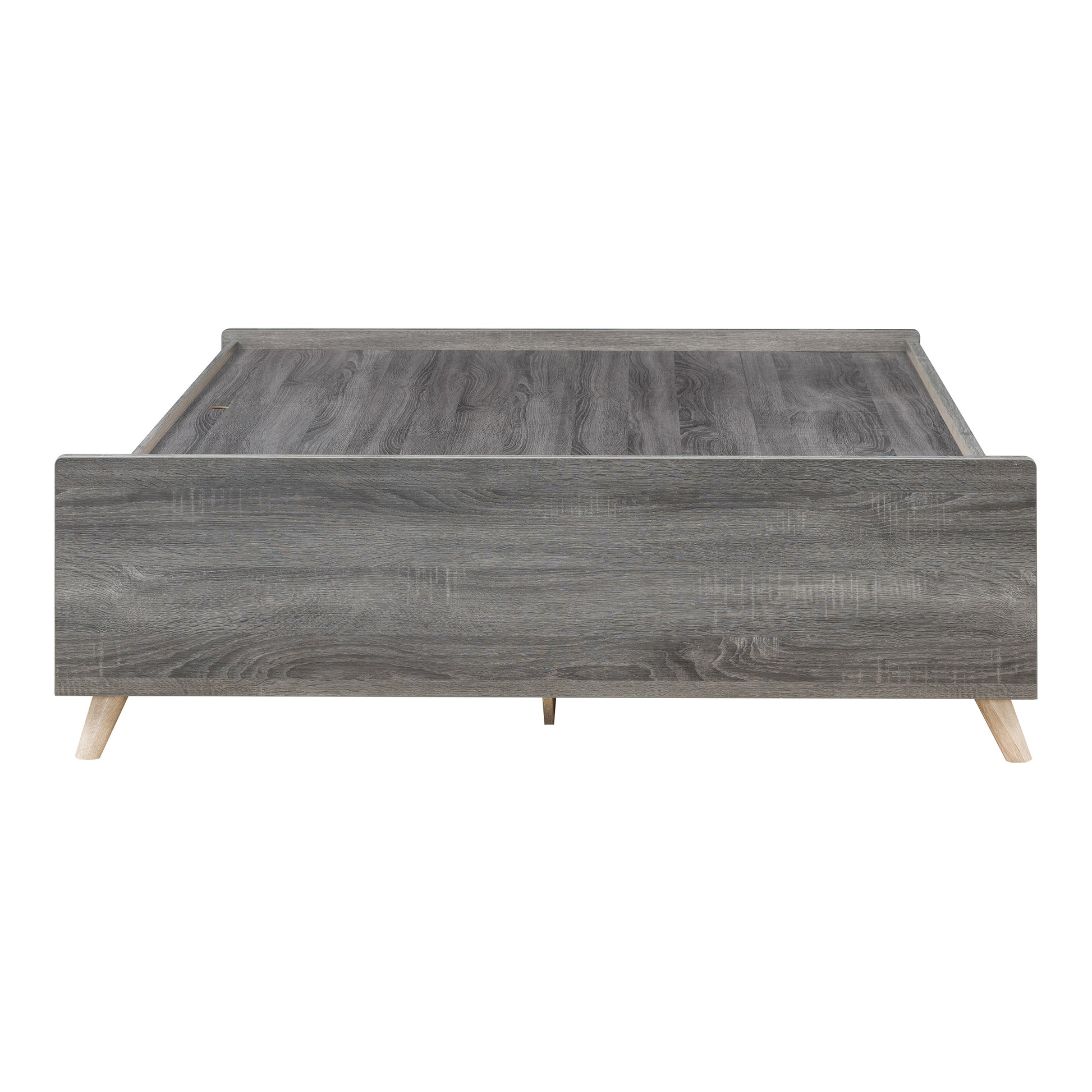 Front-facing mid-century modern distressed gray platform storage bed with three drawers on a white background