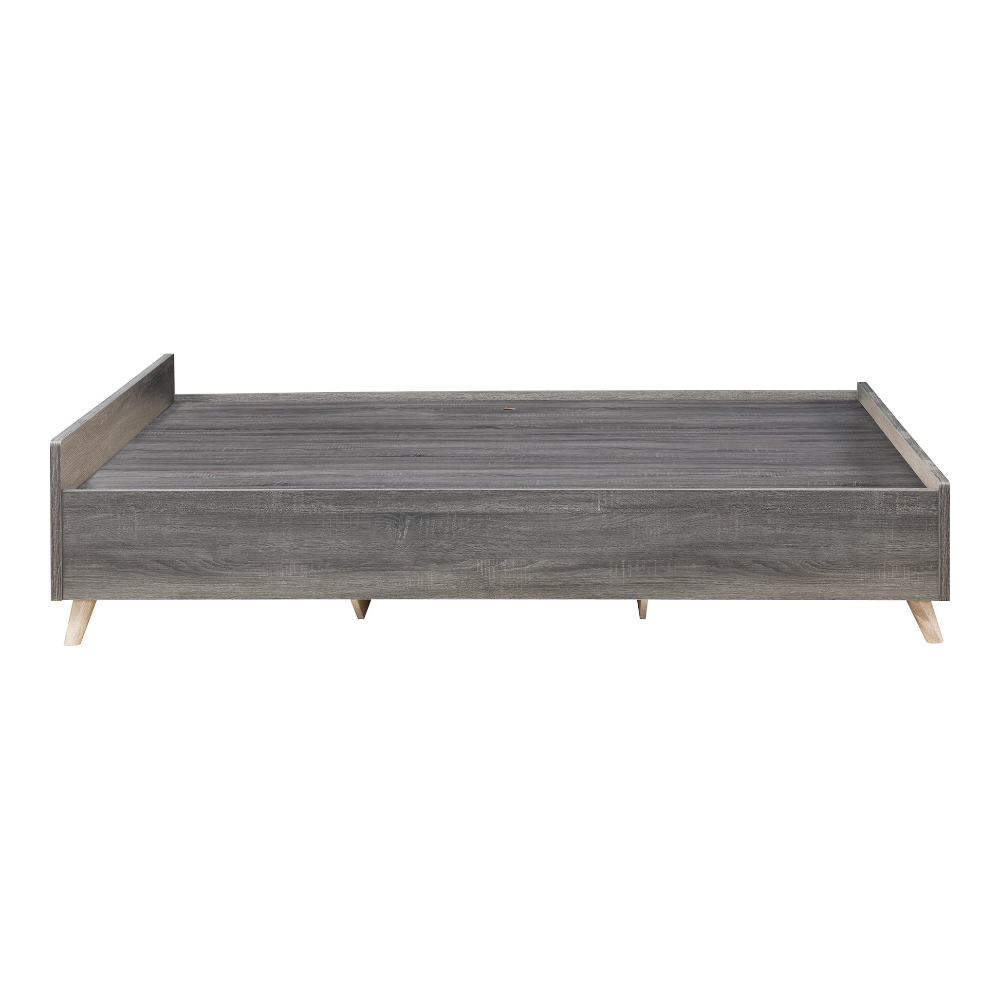 Front-facing side view of a mid-century modern distressed gray platform storage bed with three drawers on a white background