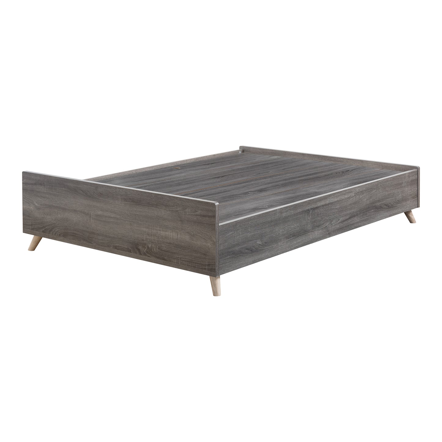 Left angled mid-century modern distressed gray platform storage bed with three drawers on a white background