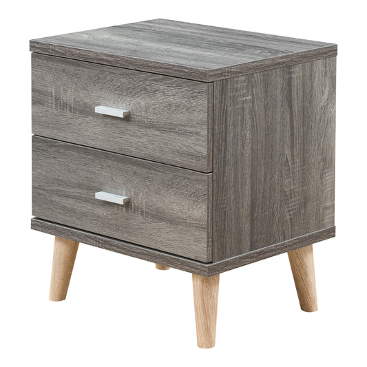 Left angled mid-century modern distressed gray two-drawer nightstand on a white background