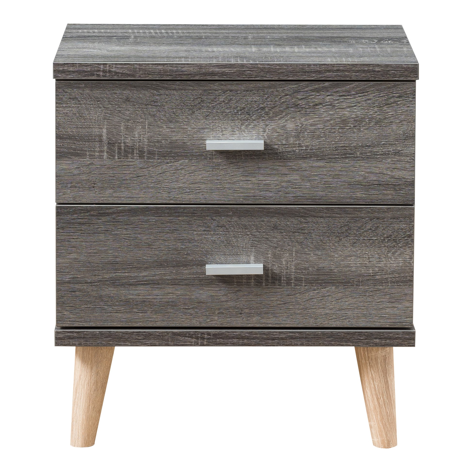 Front-facing mid-century modern distressed gray two-drawer nightstand on a white background