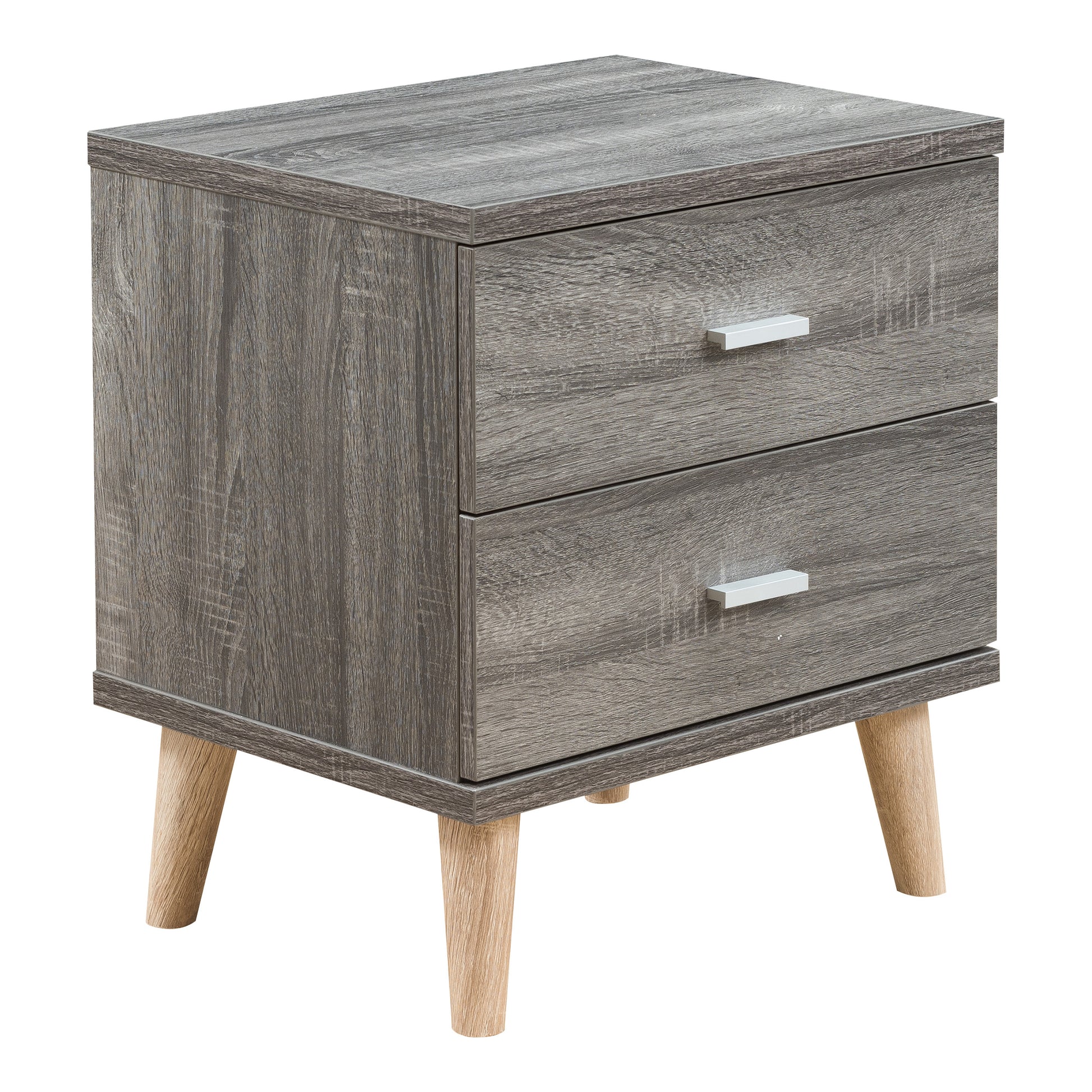Right angled mid-century modern distressed gray two-drawer nightstand on a white background