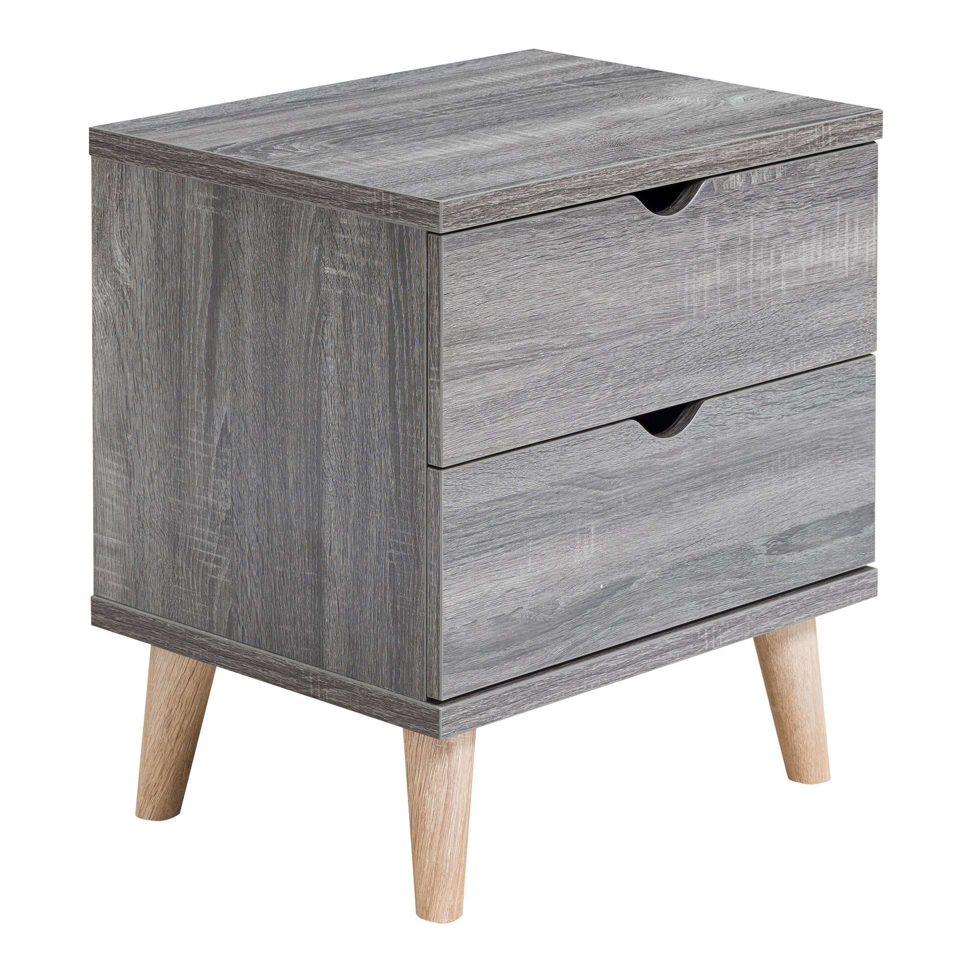 Right angled mid-century modern distressed gray two-drawer nightstand on a white background