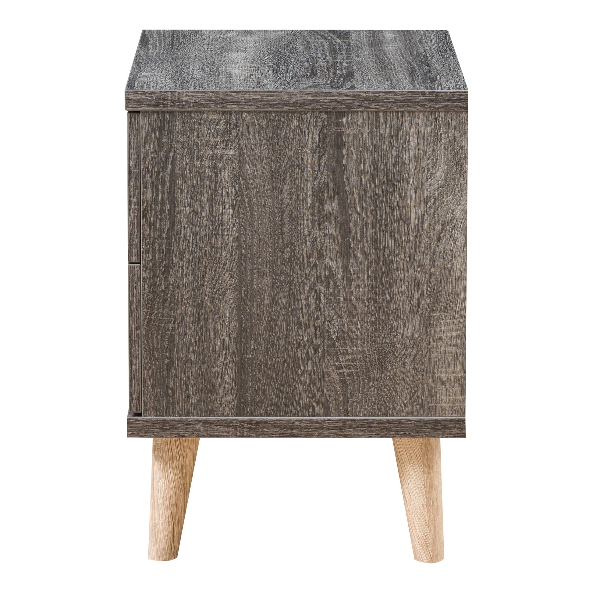Front-facing side view of a mid-century modern distressed gray two-drawer nightstand on a white background