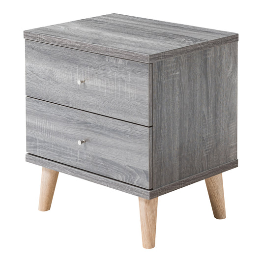 Left angled mid-century modern distressed gray two-drawer nightstand on a white background
