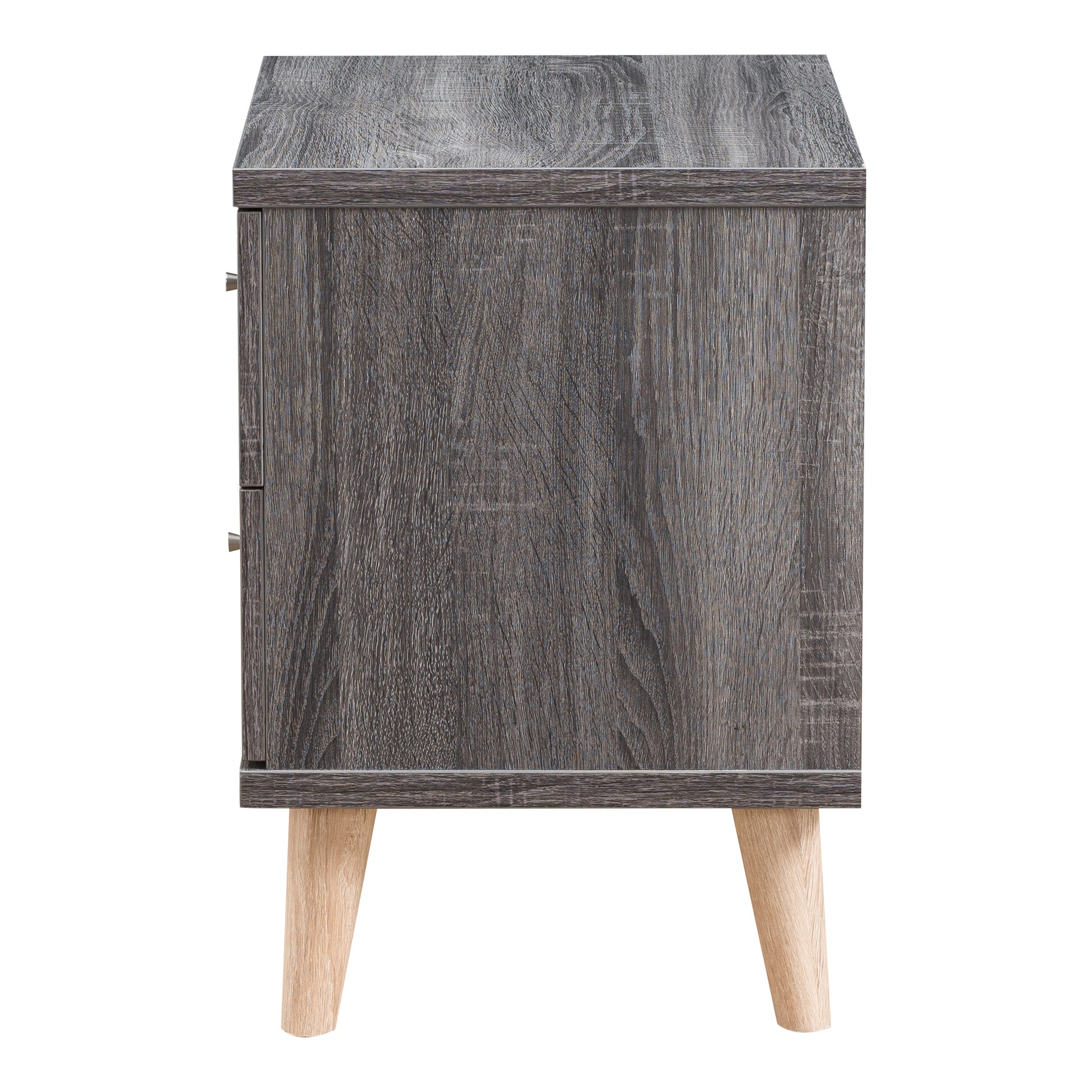 Front-facing side view of a mid-century modern distressed gray two-drawer nightstand on a white background
